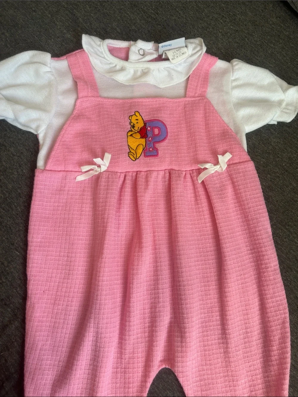 Pink Winnie the Pooh Vintage Embroidered Baby One-Piece Romper